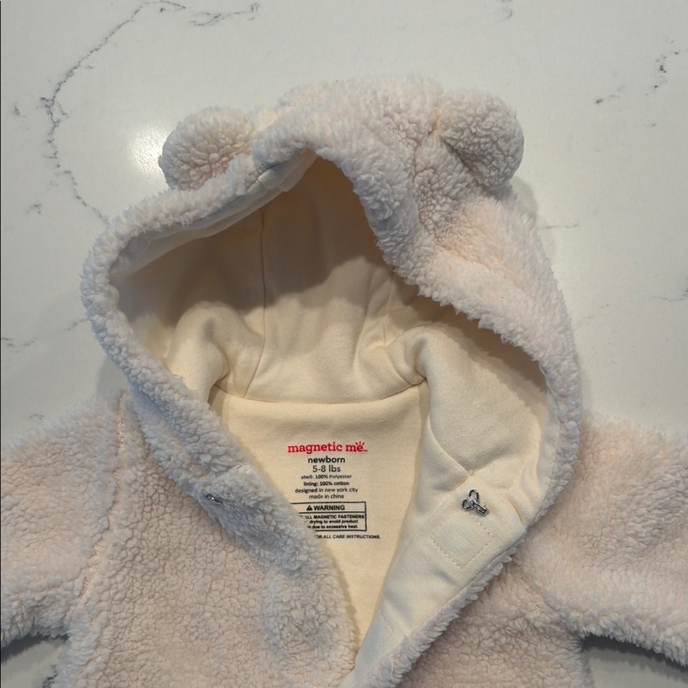 Magnetic Me Cream Sherpa Hooded Baby Romper with Bear Ears